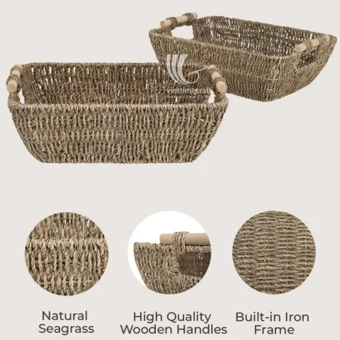 Rectangular Seagrass Storage Tray with Wooden Handle For Tableware – Viettimecraft wholesale supplier