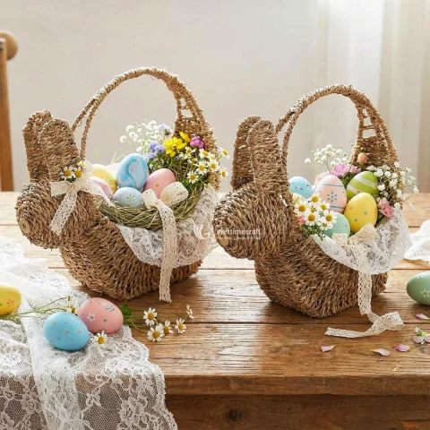 Bunny Seagrass Basket, Woven Seagrass Storage Baskets for Seasonal Decor