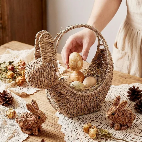 Bunny Seagrass Basket, Woven Seagrass Storage Baskets for Seasonal Decor