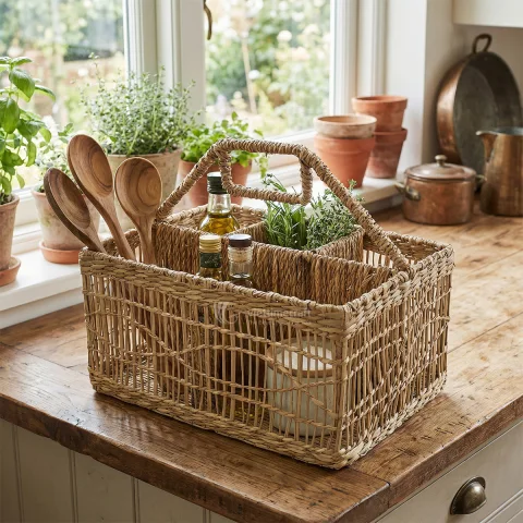 Woven Seagrass Utensil Holder with Handle, Pen Organizer Caddy for Desk and Kitchen Wholesale