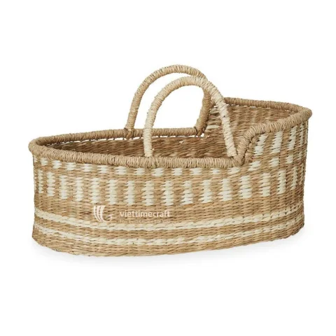 Premium Handwoven Seagrass Moses Basket with Reinforced Leather Handles for Nursery Room