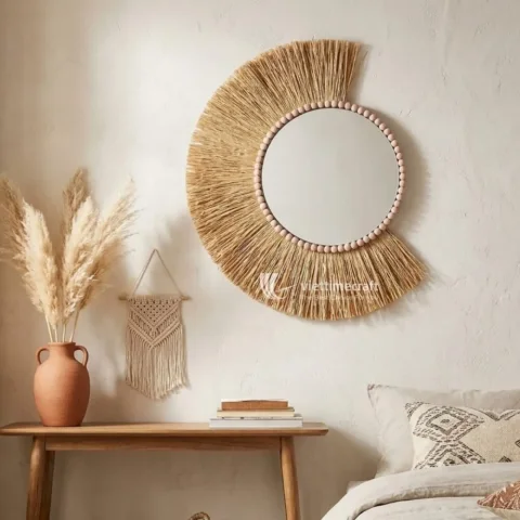 Crescent Wicker Mirror with Wooden Bead Trim for Boho Wall Decor