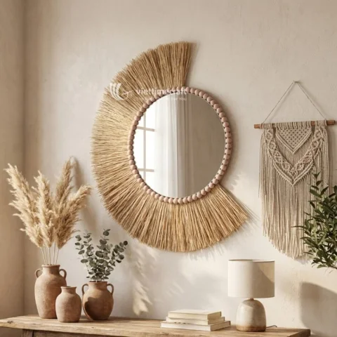 Crescent Wicker Mirror with Wooden Bead Trim for Boho Wall Decor