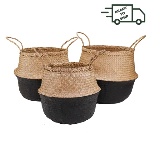Rattan Export Disponible hierba marina panzudo cesta (set de 3) para almacenamiento en el hogar - REX-CDGIO-0003-04; CDGIO-0003-05; CDGIO-0003-06; - Black