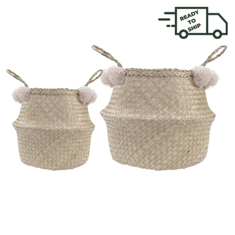 Rattan Export Oferta especial – hierba marina panzudo cesta con rosa pompones 2 Sizes - REX-CDGIO-00054-04; CDGIO-00054-05-1