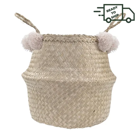 Special Offer – Seagrass Belly Basket With Pink Pompoms 2 Sizes