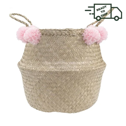 Seagrass Belly Basket With Pink Pompoms In Stock