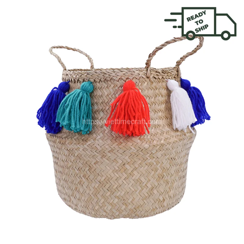 Natural Seagrass Belly Basket With Tassels – Ready To Ship