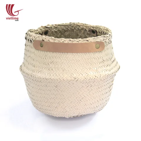Rattan Export Beige Seagrass Belly Basket With Leather Handle - REX-CDVTC06920