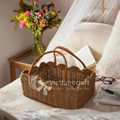 Straw Nursery Diaper Caddy Basket, Baby Organizer with Leather Handles and Adjustable Divider