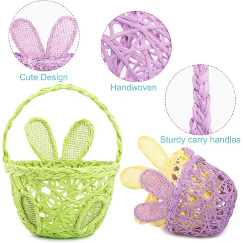 Funny Handmade Bunny Easter Woven Baskets with Sturdy Carry Handles
