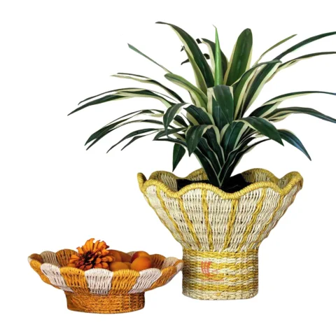 Vietnam Handicraft Pedestal Paper Rope Basket and Fruit Bowl with Scalloped Wavy Rim