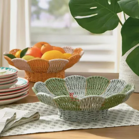 Vietnam Handicraft Pedestal Paper Rope Basket and Fruit Bowl with Scalloped Wavy Rim