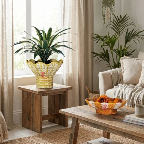 Vietnam Handicraft Pedestal Paper Rope Basket and Fruit Bowl with Scalloped Wavy Rim