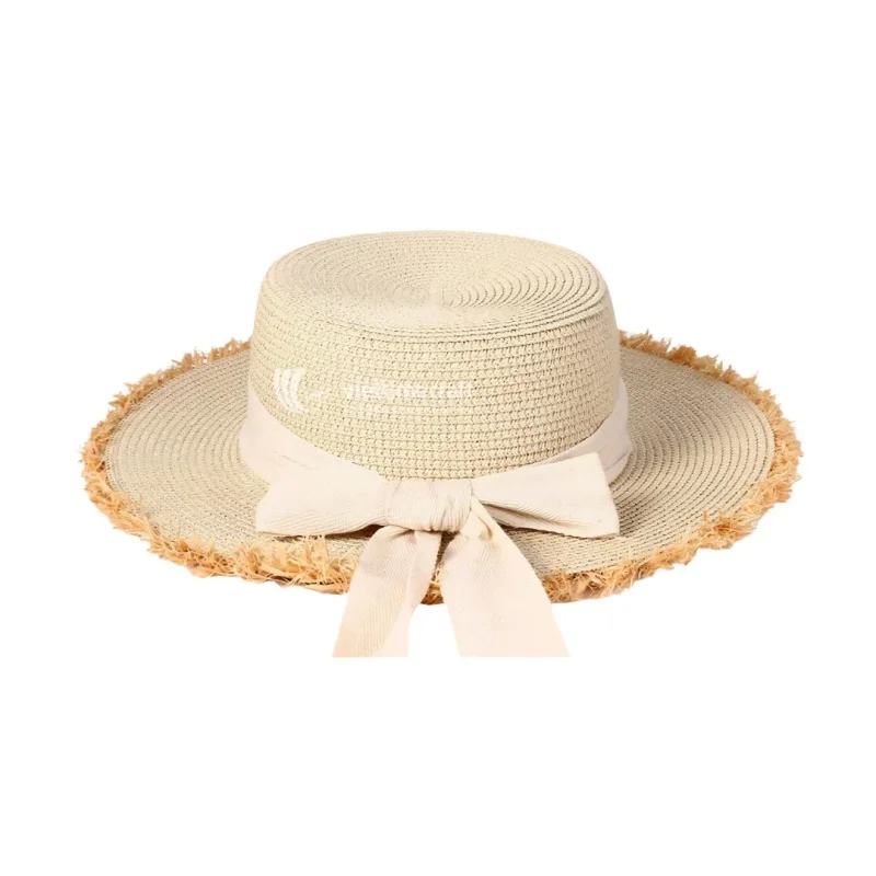 Intricately Coiled Straw Beach Hat with Frayed Brim and Ribbon Bow, Master-Weaver Boater Silhouette