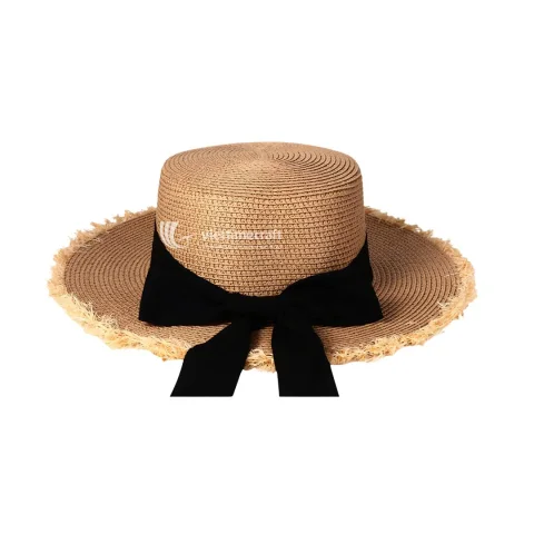 Intricately Coiled Straw Beach Hat with Frayed Brim and Ribbon Bow, Master-Weaver Boater Silhouette