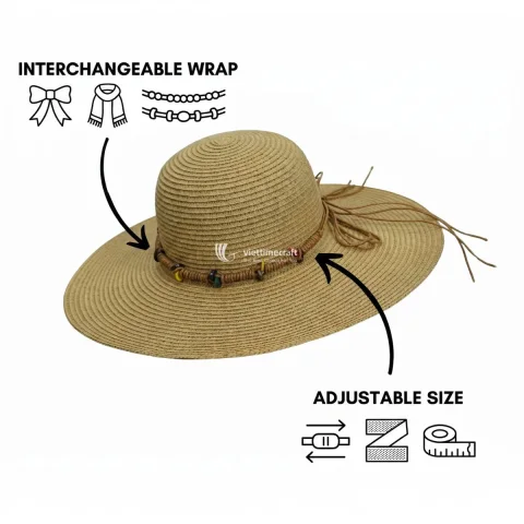 Light Brown Woven Straw Hat With Wide Brim, Beach Hat For Sale