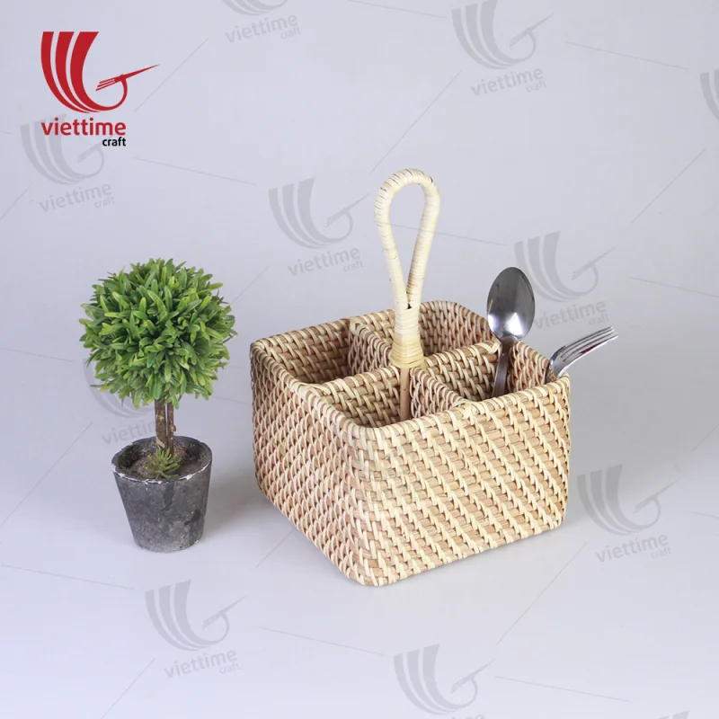 Brown Rattan Utensil Condiment Caddy Basket