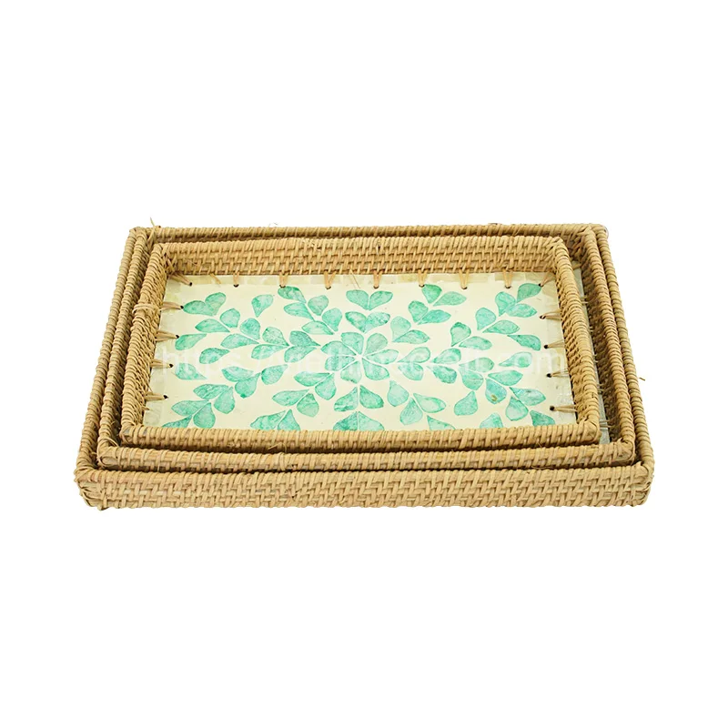 Set of 3 Rectangle Rattan Tray with Mother of Pearl Inlay – M0956