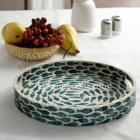 Wicker Rattan Bowl, Modern Mother of Pearl Mosaic Tray – KT0058
