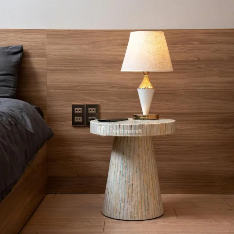 Modern Minimalist Mother of Pearl Accent Table, Handmade Pedestal Stand Vietnam
