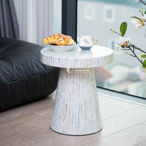 Modern Minimalist Mother of Pearl Accent Table, Handmade Pedestal Stand Vietnam