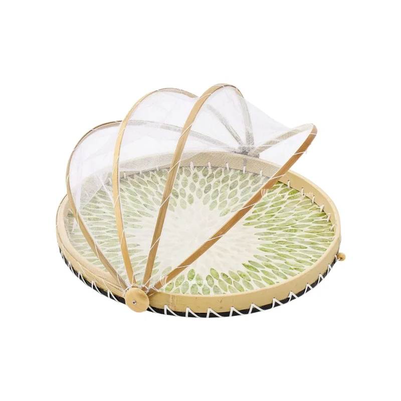 Mother of Pearl Mix Wicker Tray with Collapsible Mesh Food Cover