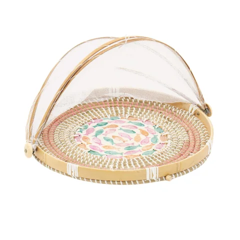 Mother of Pearl Mix Wicker Tray with Collapsible Mesh Food Cover