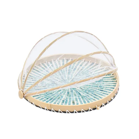 Mother of Pearl Mix Wicker Tray with Collapsible Mesh Food Cover