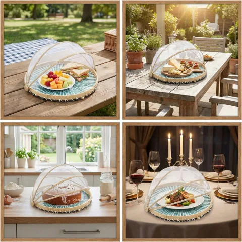 Mother of Pearl Mix Wicker Tray with Collapsible Mesh Food Cover