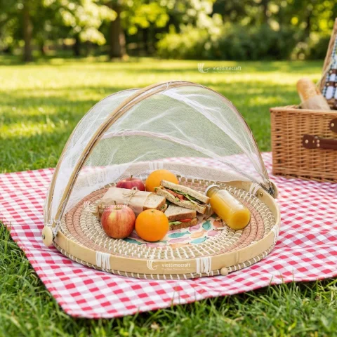Mother of Pearl Mix Wicker Tray with Collapsible Mesh Food Cover