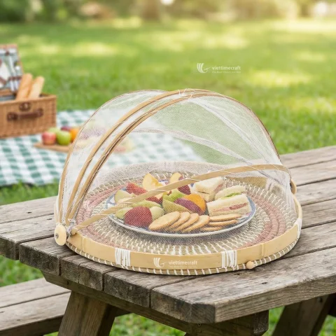 Mother of Pearl Mix Wicker Tray with Collapsible Mesh Food Cover