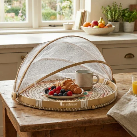 Mother of Pearl Mix Wicker Tray with Collapsible Mesh Food Cover