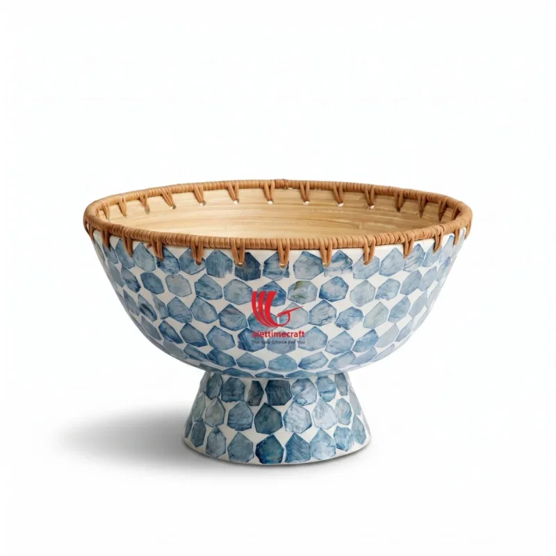 Mother of Pearl Rattan Basket, Handwoven Fruit Bowl with Shell Inlay Natural Decorative Basket