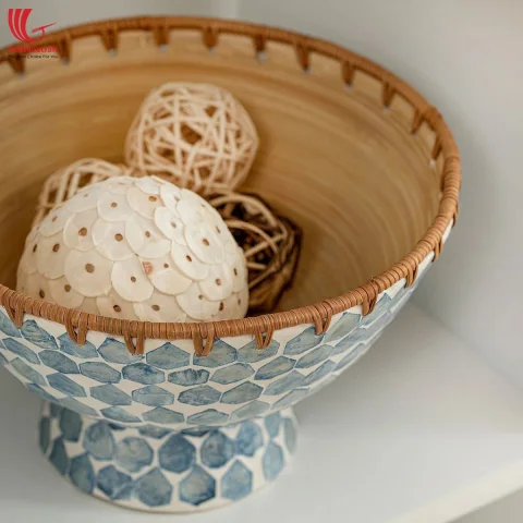 Mother of Pearl Rattan Basket, Handwoven Fruit Bowl with Shell Inlay Natural Decorative Basket