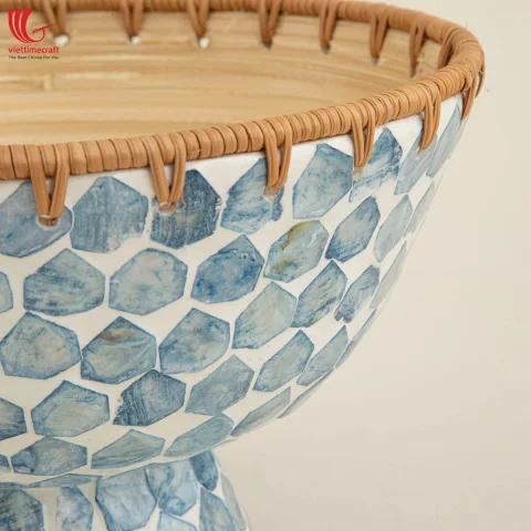 Mother of Pearl Rattan Basket, Handwoven Fruit Bowl with Shell Inlay Natural Decorative Basket