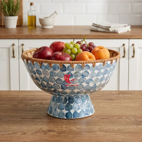 Mother of Pearl Rattan Basket, Handwoven Fruit Bowl with Shell Inlay Natural Decorative Basket