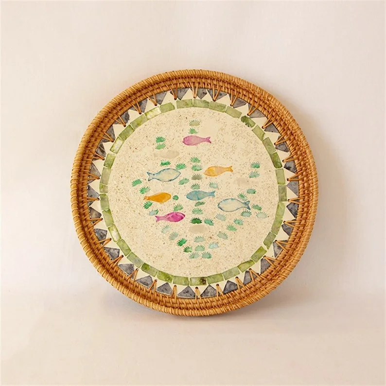 Mother Of Pearl Rattan Tray