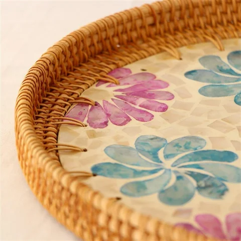 Mother Of Pearl Rattan Tray