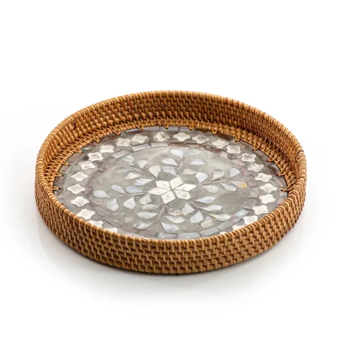 Mother Of Pearl Rattan Tray
