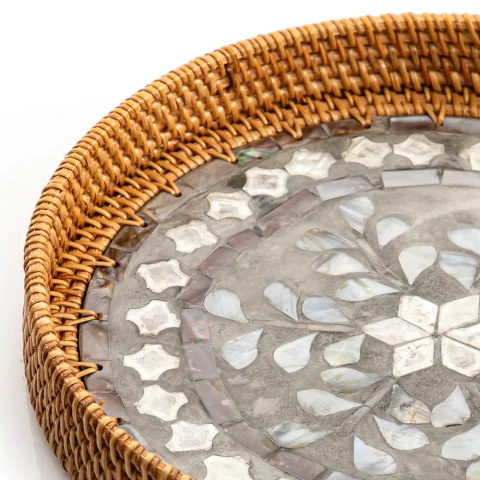 Mother Of Pearl Rattan Tray