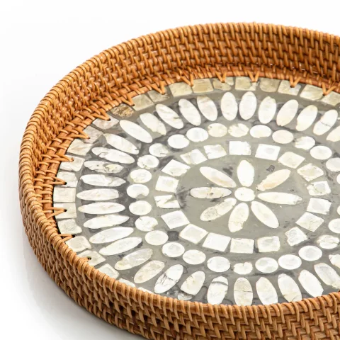 Mother Of Pearl Rattan Tray