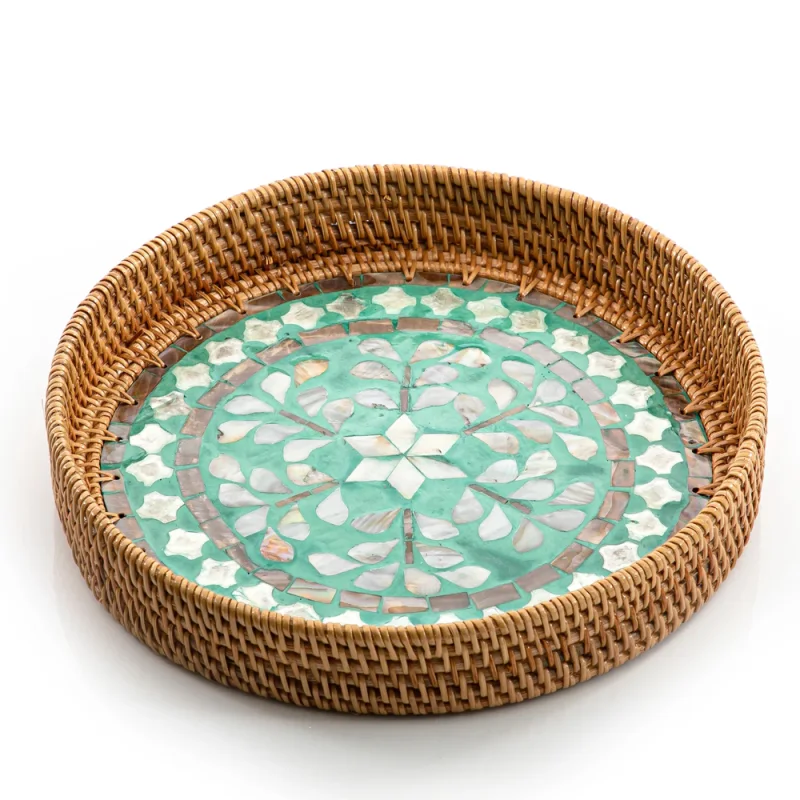 Mother Of Pearl Rattan Tray
