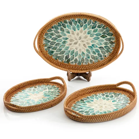 Mother Of Pearl Rattan Tray