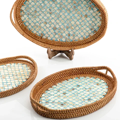 Mother Of Pearl Rattan Tray