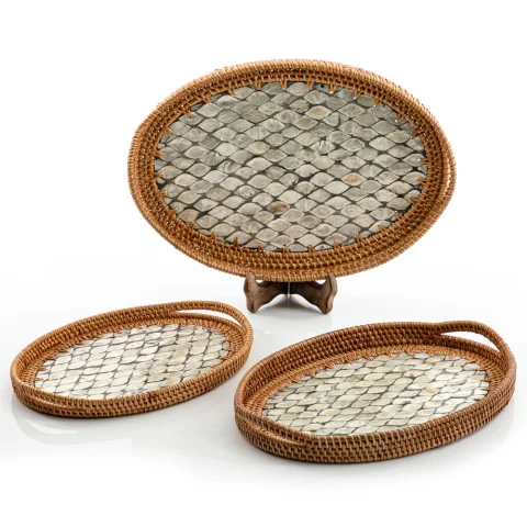 Mother Of Pearl Rattan Tray