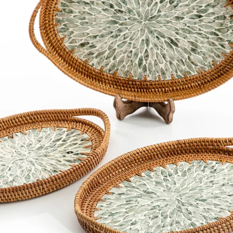 Mother Of Pearl Rattan Tray