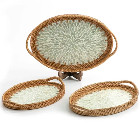 Mother Of Pearl Rattan Tray