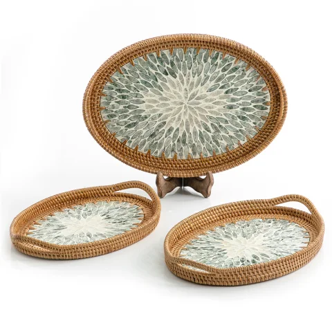 Mother Of Pearl Rattan Tray