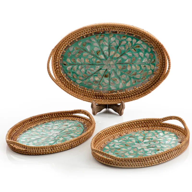 Mother Of Pearl Rattan Tray